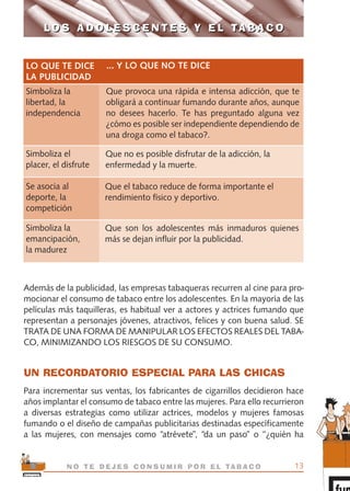 Simboliza la
libertad, la
independencia
Que provoca una rápida e intensa adicción, que te
obligará a continuar fumando durante años, aunque
no desees hacerlo. Te has preguntado alguna vez
¿cómo es posible ser independiente dependiendo de
una droga como el tabaco?.
... Y LO QUE NO TE DICELO QUE TE DICE
LA PUBLICIDAD
Simboliza el
placer, el disfrute
Que no es posible disfrutar de la adicción, la
enfermedad y la muerte.
Se asocia al
deporte, la
competición
Que el tabaco reduce de forma importante el
rendimiento físico y deportivo.
Simboliza la
emancipación,
la madurez
Que son los adolescentes más inmaduros quienes
más se dejan influir por la publicidad.
Además de la publicidad, las empresas tabaqueras recurren al cine para pro-
mocionar el consumo de tabaco entre los adolescentes. En la mayoría de las
películas más taquilleras, es habitual ver a actores y actrices fumando que
representan a personajes jóvenes, atractivos, felices y con buena salud. SE
TRATA DE UNA FORMA DE MANIPULAR LOS EFECTOS REALES DEL TABA-
CO, MINIMIZANDO LOS RIESGOS DE SU CONSUMO.
UN RECORDATORIO ESPECIAL PARA LAS CHICAS
Para incrementar sus ventas, los fabricantes de cigarrillos decidieron hace
años implantar el consumo de tabaco entre las mujeres. Para ello recurrieron
a diversas estrategias como utilizar actrices, modelos y mujeres famosas
fumando o el diseño de campañas publicitarias destinadas específicamente
a las mujeres, con mensajes como “atrévete”, “da un paso” o “¿quién ha
13N O T E D E J E S C O N S U M I R P O R E L TA B A C O
L O S A D O L E S C E N T E S Y E L TA B A C OL O S A D O L E S C E N T E S Y E L TA B A C O
libro adolescentes TABACO OKGAM.QXD:Maquetación 1 23/09/10 19:16 Página 13
 