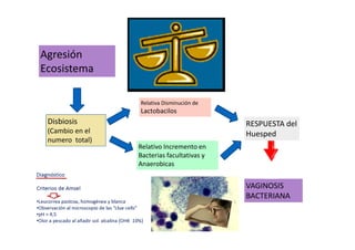 Agresión
Ecosistema
Disbiosis
(Cambio en el
numero total)
Relativa Disminución de
Lactobacilos
Relativo Incremento en
Bacterias facultativas y
Anaerobicas
RESPUESTA del
Huesped
VAGINOSIS
BACTERIANA
 