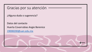 Gracias por su atención
¿Alguna duda o sugerencia?
Datos del contacto
Huerta Covarrubias Angie Berenice
19008200@uan.edu.mx
 