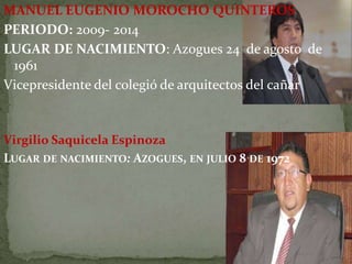 MANUEL EUGENIO MOROCHO QUINTEROS
PERIODO: 2009- 2014
LUGAR DE NACIMIENTO: Azogues 24 de agosto de
1961
Vicepresidente del colegió de arquitectos del cañar
Virgilio Saquicela Espinoza
LUGAR DE NACIMIENTO: AZOGUES, EN JULIO 8 DE 1972
 