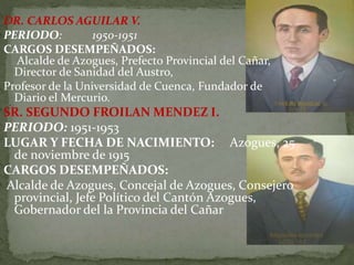 DR. CARLOS AGUILAR V.
PERIODO: 1950-1951
CARGOS DESEMPEÑADOS:
Alcalde de Azogues, Prefecto Provincial del Cañar,
Director de Sanidad del Austro,
Profesor de la Universidad de Cuenca, Fundador de
Diario el Mercurio.
SR. SEGUNDO FROILAN MENDEZ I.
PERIODO: 1951-1953
LUGAR Y FECHA DE NACIMIENTO: Azogues, 25
de noviembre de 1915
CARGOS DESEMPEÑADOS:
Alcalde de Azogues, Concejal de Azogues, Consejero
provincial, Jefe Político del Cantón Azogues,
Gobernador del la Provincia del Cañar
 