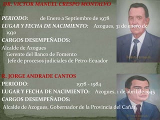 DR. VICTOR MANUEL CRESPO MONTALVO
PERIODO: de Enero a Septiembre de 1978
LUGAR Y FECHA DE NACIMIENTO: Azogues, 31 de enero de
1930
CARGOS DESEMPEÑADOS:
Alcalde de Azogues
Gerente del Banco de Fomento
Jefe de procesos judiciales de Petro-Ecuador
R. JORGE ANDRADE CANTOS
PERIODO: 1978 - 1984
LUGAR Y FECHA DE NACIMIENTO: Azogues, 1 de abril de 1945
CARGOS DESEMPEÑADOS:
Alcalde de Azogues, Gobernador de la Provincia del Cañar
 