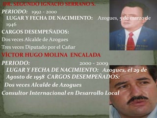 DR. SEGUNDO IGNACIO SERRANO S.
PERIODO: 1992 - 2000
LUGAR Y FECHA DE NACIMIENTO: Azogues, 5 de marzo de
1946
CARGOS DESEMPEÑADOS:
Dos veces Alcalde de Azogues
Tres veces Diputado por el Cañar
VÍCTOR HUGO MOLINA ENCALADA
PERIODO: 2000 - 2009
LUGAR Y FECHA DE NACIMIENTO: Azogues, el 29 de
Agosto de 1958 CARGOS DESEMPEÑADOS:
Dos veces Alcalde de Azogues
Consultor Internacional en Desarrollo Local
 