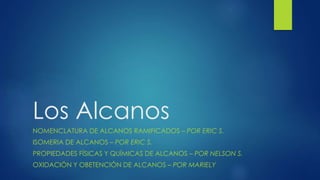 Los Alcanos 
NOMENCLATURA DE ALCANOS RAMIFICADOS – POR ERIC S. 
ISOMERIA DE ALCANOS – POR ERIC S. 
PROPIEDADES FÍSICAS Y QUÍMICAS DE ALCANOS – POR NELSON S. 
OXIDACIÓN Y OBETENCIÓN DE ALCANOS – POR MARIELY 
 