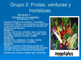 Grupo 2: Frutas, verduras y hortalizas. Sub grupo 1:  Formado por los vegetales.  Porciones: 5 - 6 Aportan hidratos de carbono, minerales, vitaminas y fibras. Las verduras se clasifican en grupos según la cantidad de hidratos de carbono que poseen:  Grupo A:  Acelga, achicoria, rabanito, apio, espinaca, lechuga, berenjenas, pepino, repollo, ajíes, zapallitos, brócoli, tomate, coliflor.  Grupo B:   Zanahorias, calabaza, arvejas, habas, cebollas, remolachas y zapallos.  Grupo C:   Papas y choclos. Este grupo puede ser reemplazado por igual cantidad de cereales cocidos, ya que es similar la cantidad de hidratos de carbono totales que contienen.   