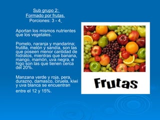 Sub grupo 2:  Formado por frutas.   Porciones: 3 - 4   Aportan los mismos nutrientes que los vegetales.  Pomelo, naranja y mandarina; frutilla, melón y sandía, son las que poseen menor cantidad de hidratos, mientras que banana, mango, mamón, uva negra, e higo son las que tienen cerca del 20%.  Manzana verde y roja, pera, durazno, damasco, ciruela, kiwi y uva blanca se encuentran entre el 12 y 15%.   