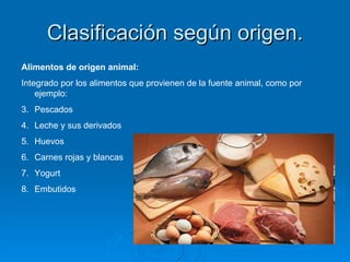 Clasificación según origen. Alimentos de origen animal:  Integrado por los alimentos que provienen de la fuente animal, como por ejemplo: Pescados Leche y sus derivados Huevos Carnes rojas y blancas Yogurt Embutidos 