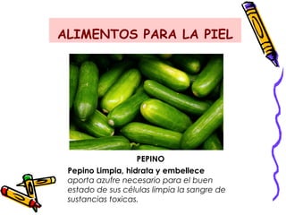 ALIMENTOS PARA LA PIEL
PEPINO
Pepino Limpia, hidrata y embellece
aporta azufre necesario para el buen
estado de sus células limpia la sangre de
sustancias toxicas.
 
