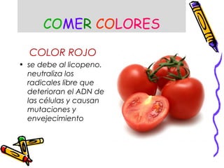 COMER COLORES
COLOR ROJO
• se debe al licopeno.
neutraliza los
radicales libre que
deterioran el ADN de
las células y causan
mutaciones y
envejecimiento
 