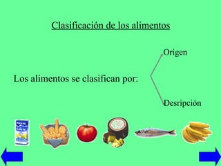 Clasificación de los alimentos   Origen Los alimentos se clasifican por:    Desripción 