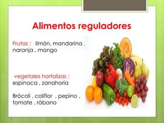 Alimentos reguladores
Frutas : limón, mandarina ,
naranja , mango



vegetales hortalizas :
espinaca , zanahoria

Brócoli , coliflor , pepino ,
tomate , rábano
 