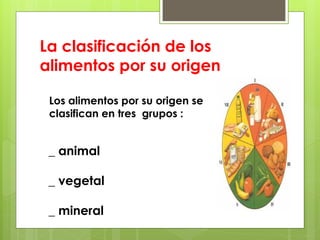 La clasificación de los
alimentos por su origen

 Los alimentos por su origen se
 clasifican en tres grupos :


 _ animal

 _ vegetal

 _ mineral
 