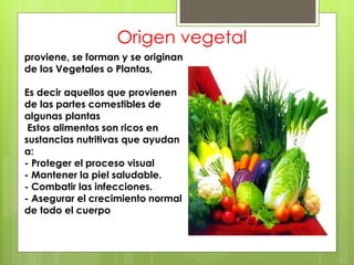Origen vegetal
proviene, se forman y se originan
de los Vegetales o Plantas,

Es decir aquellos que provienen
de las partes comestibles de
algunas plantas
 Estos alimentos son ricos en
sustancias nutritivas que ayudan
a:
- Proteger el proceso visual
- Mantener la piel saludable.
- Combatir las infecciones.
- Asegurar el crecimiento normal
de todo el cuerpo
 