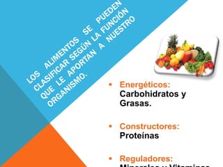  Energéticos:
  Carbohidratos y
  Grasas.

 Constructores:
  Proteínas

 Reguladores:
 
