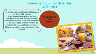 Como reforzar las defensas
infantiles
El tiempo recomendado para el desayuno
es de 15 a 20 minutos
Para que esto sea posible hay que
despertar al niño con suficiente tiempo,
debiéndose acostar a una hora apropiada.
El desayuno debe contener hidratos de
carbono. Se aconseja la compuesta por
lácteos, cereales y frutas o zumo de frutas
natural.
 