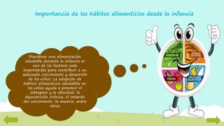 Mantener una alimentación
saludable durante la infancia es
uno de los factores más
importantes para contribuir a un
adecuado crecimiento y desarrollo
de los niños. La adopción de
hábitos alimenticios saludables en
los niños ayuda a prevenir el
sobrepeso y la obesidad; la
desnutrición crónica, el retardo
del crecimiento, la anemia, entre
otros
Importancia de los hábitos alimenticios desde la infancia
 