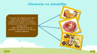 La noción de chatarra, por otra
parte, hace referencia a un
material de desecho. La chatarra
es algo que no sirve o que no tiene
ningún valor.
Estas dos definiciones nos
permiten acercarnos a la idea de
comida chatarra.
Alimentos no saludables
 