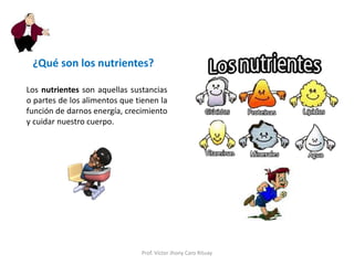 Prof. Víctor Jhony Caro Rituay
Los nutrientes son aquellas sustancias
o partes de los alimentos que tienen la
función de darnos energía, crecimiento
y cuidar nuestro cuerpo.
¿Qué son los nutrientes?