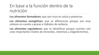 En base a la función dentro de la
nutrición
Los alimentos formadores: que son ricos en calcio y proteínas.
Los alimentos energéticos: que se diferencian porque son muy
valiosos en cuanto a grasas e hidratos de carbono.
Los alimentos reguladores: que se identifican porque cuentan con
unos importantes niveles de minerales, vitaminas y oligoelementos.
 