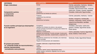 CRITERIOS CLASIFICACIÓN ALIMENTOS
Origen (naturaleza) Animal Carnes, pescados, mariscos, lácteos,
huevos y grasas animales
Vegetal
Mineral
Cereales, leguminosas frutas, verduras,
tubérculos, aceites y grasas vegetales
Composición química
y componente
predominante.
Glucídicos
(predominan los hidratos de carbono)
Cereales, tubérculos, leguminosas.
Proteicos
(predominan las proteínas)
Carnes, pescados, mariscos, huevos
Lipídicos
(predominan los lípidos)
Aceites, margarina, mantequilla,
manteca, mayonesa, crema, tocino,
mayoría de embutidos, semillas
oleaginosas
Función nutritiva principal que desempeñan
en el organismo
Energéticos
(destacan los hidratos de carbono y las grasas):
Función principal: Suministrar la energía para realizar las
distintas funciones
Cereales y derivados, tubérculos,
grasas y aceites, legumbres secas,
frutos secos.
Plásticos o constructores
(destacan las proteínas): Función principal: Construcción
de estructuras corporales, mantenimiento y reparación de
tejidos.
Carne, pescados, huevos, legumbres
secas, lácteos, frutos secos
Reguladores (predominan los minerales y las vitaminas):
Función principal:
Regular el funcionamiento del metabolismo
Verduras, frutas, legumbres frescas
En grupos que poseen
un contenido similar de macronutrientes y
calorías (representados
normalmente como pirámide)
Cereales, tubérculos y Leguminosas frescas
Frutas
Verduras
Lácteos
Pescados, carnes, huevos, leguminosas secas
Aceites, grasas y alimentos vegetales ricos en lípidos
Azúcar y otros
 