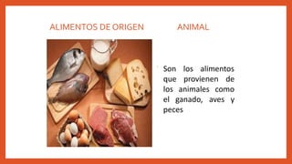 ALIMENTOS DE ORIGEN ANIMAL
provienen de
 Son los alimentos
que
los animales como
el ganado, aves y
peces
 