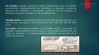 Los forrajes.Los forrajes. pueden presentar ciertas deficiencias que se pueden
contrarrestar, especialmente en vitaminas y minerales, mediante
bloques de minerales o incluyendo nutrientes en las mezclas. Es
necesario conocer la existencia de la deficiencia.
•Forrajes secos. A este grupo pertenecen el heno de leguminosas y no
leguminosas, las pajas y otros productos con más del 18% de fibra
bruta.
•Las pajas.Las pajas. pertenecen también a los forrajes secos, : Las pajas de
cereales, especialmente de la avena, es consumida ávidamente por
todos los animales y en algunas partes constituye una porción de la
ración de vacuno.
 