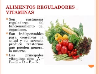 ALIMENTOS REGULADORES _
VITAMINAS
 Son

sustancias
reguladores
del
funcionamiento del
organismo.
 Son
indispensables
para conservar la
salud y su carencia
produce trastornos
que pueden general
la muerte.
 Las
principales
vitaminas son: A –
B–C–D–E–K

 