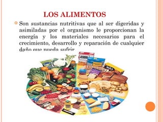 LOS ALIMENTOS


Son sustancias nutritivas que al ser digeridas y
asimiladas por el organismo le proporcionan la
energía y los materiales necesarios para el
crecimiento, desarrollo y reparación de cualquier
daño que pueda sufrir.

 