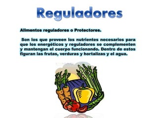 Alimentos reguladores o Protectores. 
Son los que proveen los nutrientes necesarios para 
que los energéticos y reguladores se complementen 
y mantengan el cuerpo funcionando. Dentro de estos 
figuran las frutas, verduras y hortalizas y el agua. 
