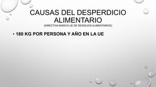 CAUSAS DEL DESPERDICIO
ALIMENTARIO
(DIRECTIVA MARCO UE DE RESIDUOS ALIMENTARIOS)
• 180 KG POR PERSONA Y AÑO EN LA UE
 