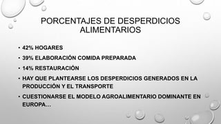 PORCENTAJES DE DESPERDICIOS
ALIMENTARIOS
• 42% HOGARES
• 39% ELABORACIÓN COMIDA PREPARADA
• 14% RESTAURACIÓN
• HAY QUE PLANTEARSE LOS DESPERDICIOS GENERADOS EN LA
PRODUCCIÓN Y EL TRANSPORTE
• CUESTIONARSE EL MODELO AGROALIMENTARIO DOMINANTE EN
EUROPA…
 