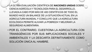 • LA ÚLTIMA EVALUACIÓN CIENTÍFICA DE NACIONES UNIDAS SOBRE
CIENCIA AGRÍCOLA Y TECNOLOGÍA PARA EL DESARROLLO,
LLEVADA A CABO POR MÁS DE 400 CIENTÍFICOS DE TODO EL
MUNDO HACE UN BALANCE DE LA SITUACIÓN ACTUAL EN LA
AGRICULTURA MUNDIAL Y CONCLUYE QUE LA AGRICULTURA
ECOLÓGICA PERMITE ALIVIAR LA POBREZA Y MEJORAR LA
SEGURIDAD ALIMENTARIA.
• POR EL CONTRARIO, CUESTIONA LA AGRICULTURA CON
TRANSGÉNICOS POR SUS IMPLICACIONES SOCIALES Y
AMBIENTALES Y LA DESCARTA DEFINITIVAMENTE COMO
SOLUCIÓN ÚNICA AL HAMBRE.
 