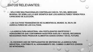DATOS RELEVANTES:
• - SÓLO DIEZ MULTINACIONALES CONTROLAN CASI EL 70% DEL MERCADO
MUNDIAL DE SEMILLAS LO QUE SIGNIFICA QUE LOS AGRICULTORES TIENEN POCA
CAPACIDAD DE ELECCIÓN.
• - LOS CULTIVOS TRANSGÉNICOS NO ALIMENTAN AL MUNDO. EL 99,5% DE
AGRICULTORES NO LOS CULTIVAN.
• - LA AGRICULTURA INDUSTRIAL USA FERTILIZANTES SINTÉTICOS Y
AGROQUÍMICOS QUE CONTAMINAN NUESTROS SUELOS Y AGUAS, RECURSOS
NECESARIOS PARA PRODUCIR ALIMENTOS SANOS AHORA Y EN EL FUTURO.
• - EL EXCESIVO USO DE FERTILIZANTES DE SÍNTESIS EN LA AGRICULTURA
INDUSTRIAL CONTRIBUYE AL AGRAVAMIENTO DEL CAMBIO CLIMÁTICO (ÓXIDOS
DE NITRÓGENO).
 