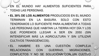 • EN EL MUNDO HAY ALIMENTOS SUFICIENTES PARA
TODAS LAS PERSONAS.
• EL 30% DE LOS ALIMENTOS PRODUCIDOS EN EL MUNDO
TERMINAN EN LA BASURA. SOLO CON ESTO
TENDRÍAMOS LO SUFICIENTE PARA ALIMENTAR A TODAS
LAS PERSONAS QUE HABITAN LA TIERRA HOY DÍA Y LOS
QUE PODREMOS LLEGAR A SER EN 2050 (SIN
INTENSIFICAR MÁS LA AGRICULTURA Y SIN UTILIZAR
CULTIVOS TRANSGÉNICOS).
• EL HAMBRE ES UNA CUESTIÓN COMPLEJA
RELACIONADA CON GUERRAS, MIGRACIONES,
CONFLICTOS Y NO SE SOLUCIONA CON UN CULTIVO
 