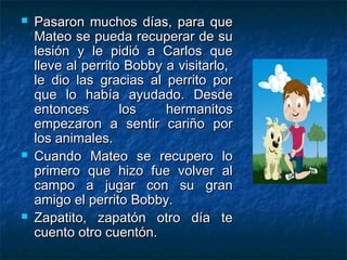    Pasaron muchos días, para que
    Mateo se pueda recuperar de su
    lesión y le pidió a Carlos que
    lleve al perrito Bobby a visitarlo,
    le dio las gracias al perrito por
    que lo había ayudado. Desde
    entonces        los    hermanitos
    empezaron a sentir cariño por
    los animales.
   Cuando Mateo se recupero lo
    primero que hizo fue volver al
    campo a jugar con su gran
    amigo el perrito Bobby.
   Zapatito, zapatón otro día te
    cuento otro cuentón.
 