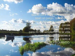 Quizás te haya pasado o no
toparte con un amor prohibido,
quizás para algunas personas
sean un juego, quizás para
otras la felicidad, quizás para
unas el encantamiento, quizás
para otras la desdicha, pero
para mi fue simplemente la vida
y la muerte, porque gracias a
éste amor te conocí a ti y solo a
ti, MI AMOR PROHIBIDO.

 