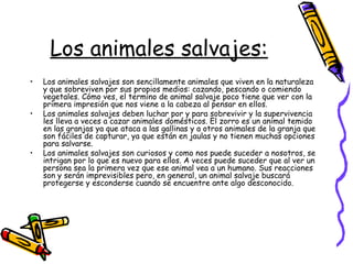 Los animales salvajes:
• Los animales salvajes son sencillamente animales que viven en la naturaleza
y que sobreviven por sus propios medios: cazando, pescando o comiendo
vegetales. Cómo ves, el termino de animal salvaje poco tiene que ver con la
primera impresión que nos viene a la cabeza al pensar en ellos.
• Los animales salvajes deben luchar por y para sobrevivir y la supervivencia
les lleva a veces a cazar animales domésticos. El zorro es un animal temido
en las granjas ya que ataca a las gallinas y a otros animales de la granja que
son fáciles de capturar, ya que están en jaulas y no tienen muchas opciones
para salvarse.
• Los animales salvajes son curiosos y como nos puede suceder a nosotros, se
intrigan por lo que es nuevo para ellos. A veces puede suceder que al ver un
persona sea la primera vez que ese animal vea a un humano. Sus reacciones
son y serán imprevisibles pero, en general, un animal salvaje buscará
protegerse y esconderse cuando se encuentre ante algo desconocido.
 