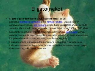 El gato(neko).
• El gato o gato doméstico (Felis silvestris catus) es un
  pequeño mamífero carnívoro de la familia Felidae. El gato está en
  convivencia cercana al ser humano desde hace unos 9500 años,1 periodo
  superior al estimado anteriormente, que oscilaba entre 3500 y 8000 años.
• Los nombres actuales más generalizados derivan del latín vulgar catus,
  palabra que aludía especialmente a los gatos salvajes en contraposición a
  los gatos domésticos que, en latín, eran llamados felis.
• Estos pequeños felinos pueden encantar a cualquiera con su ternura
  incluso ahora son protagonistas de muchas series japonesas como mayoi
  neko overrun, tokio mew mew, etc.
 