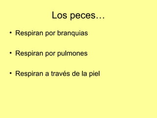 Los peces…
• Respiran por branquias
• Respiran por pulmones
• Respiran a través de la piel
 