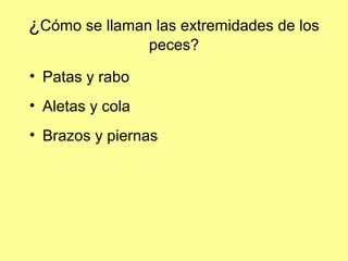¿Cómo se llaman las extremidades de los
peces?
• Patas y rabo
• Aletas y cola
• Brazos y piernas
 