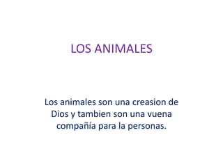 LOS ANIMALES
Los animales son una creasion de
Dios y tambien son una vuena
compañía para la personas.
 