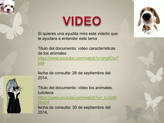 Si quieres una ayudita mira este videíto que 
te ayudara a entender este tema 
Titulo del documento: video características 
de los animales 
https://www.youtube.com/watch?v=prg6OuiT 
isM 
fecha de consulta: 26 de septiembre del 
2014. 
Titulo del documento: video los animales. 
ludoteca 
https://www.youtube.com/watch?v=_LvZzt6 
WnC4 
fecha de consulta: 30 de septiembre del 
2014. 
 