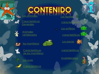 Los animales
Características
Generales
los mamíferos
Animales
vertebrados
Características
de los mamíferos
Las aves
Los reptiles
Los anfibios
Los peces
invertebrados
características
características
características
Características
 
