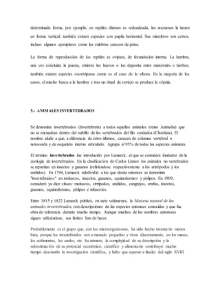 determinada forma, por ejemplo, en reptiles diurnos es redondeada, los nocturnos la tienen
en forma vertical, también existen especies con pupila horizontal. Sus miembros son cortos,
incluso algunos ejemplares como las culebras carecen de patas.
La forma de reproducción de los reptiles es ovípara, de fecundación interna. La hembra,
una vez concluida la puesta, entierra los huevos o los deposita entre matorrales o hierbas;
también existen especies ovovivíparas como es el caso de la víbora. En la mayoría de los
casos, el macho busca a la hembra y tras un ritual de cortejo se produce la cópula.
5.- ANIMALES INVERTEBRADOS
Se denomina invertebrados (Invertebrata) a todos aquellos animales (reino Animalia) que
no se encuadran dentro del subfilo de los vertebrados del filo cordados (Chordata). El
nombre alude a que, a diferencia de estos últimos, carecen de columna vertebral o
notocorda y de esqueleto interno articulado. Agrupa al 95% de todas las especies animales.
El término invertebrados fue introducido por Lamarck, al que se considera fundador de la
zoología de invertebrados. En la clasificación de Carlos Linneo los animales no vertebrados
se repartían en insectos y gusanos (refiriéndose respectivamente a los artrópodos y los
anélidos). En 1794, Lamarck subdividió a los que desde entonces se denominó
"invertebrados" en moluscos, insectos, gusanos, equinodermos y pólipos. En 1809,
consideró ya diez clases: moluscos, cirrípedos, anélidos, cangrejos, arañas, insectos,
gusanos, equinodermos, pólipos e infusorios.
Entre 1815 y 1822 Lamarck publicó, en siete volúmenes, la Historia natural de los
animales invertebrados, con descripciones de las especies entonces conocidas y que fue
obra de referencia durante mucho tiempo. Aunque muchos de los nombres anteriores
siguen utilizándose, sus límites han de hacer.
Probablemente es el grupo que, con los microorganismos, ha sido hecho inventario menos
bien, porque los invertebrados son a menudo pequeños y viven discretamente, en los mares,
los sedimentos, los suelos, etc. Su número, la complejidad de su descripción y la
subestimación de su potencial económico, científico y alimentario contribuyó mucho
tiempo desviando la investigación científica, y hubo que esperar a finales del siglo XVIII
 