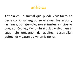 anfibios
Anfibio es un animal que puede vivir tanto en
tierra como sumergido en el agua. Los sapos y
las ranas, por ejemplo, son animales anfibios ya
que, de jóvenes, tienen branquias y viven en el
agua; sin embargo, de adultos, desarrollan
pulmones y pasan a vivir en la tierra.
 