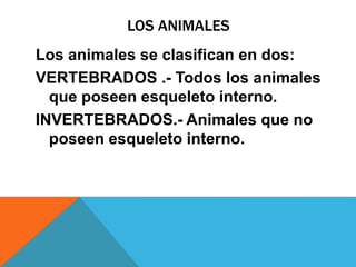 LOS ANIMALES
Los animales se clasifican en dos:
VERTEBRADOS .- Todos los animales
que poseen esqueleto interno.
INVERTEBRADOS.- Animales que no
poseen esqueleto interno.
 
