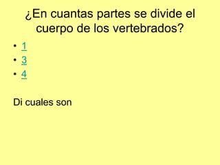 ¿En cuantas partes se divide el
cuerpo de los vertebrados?
• 1
• 3
• 4
Di cuales son
 