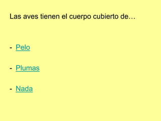 Las aves tienen el cuerpo cubierto de…
- Pelo
- Plumas
- Nada
 
