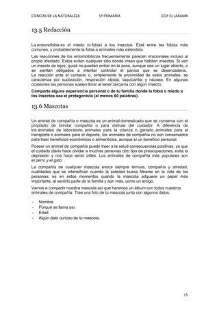CIENCIAS DE LA NATURALEZA 5º PRIMARIA CEIP EL JARAMA
15
13.5 Redacción
La entomofobia es el miedo (o fobia) a los insectos. Está entre las fobias más
comunes, y probablemente la fobia a animales más extendida.
Las reacciones de los entomofóbicos frecuentemente parecen irracionales incluso al
propio afectado. Estos evitan cualquier sitio donde crean que habitan insectos. Si ven
un insecto de lejos, quizá no puedan entrar en la zona, aunque sea un lugar abierto, o
se sientan obligados a intentar controlar el pánico que se desencadena.
La reacción ante el contacto o, simplemente la proximidad de estos animales, se
caracteriza por sudoración, respiración rápida, taquicardia y náusea. En algunas
ocasiones las personas suelen llorar al tener cercanía con algún insecto.
Comparte alguna experiencia personal o de tu familia donde la fobia o miedo a
los insectos sea el protagonista (al menos 60 palabras).
13.6 Mascotas
Un animal de compañía o mascota es un animal domesticado que se conserva con el
propósito de brindar compañía o para disfrute del cuidador. A diferencia de
los animales de laboratorio, animales para la crianza o ganado, animales para el
transporte o animales para el deporte, los animales de compañía no son conservados
para traer beneficios económicos o alimenticios, aunque sí un beneficio personal.
Poseer un animal de compañía puede traer a la salud consecuencias positivas, ya que
el cuidado diario hace olvidar a muchas personas otro tipo de preocupaciones, evita la
depresión y nos hace sentir útiles. Los animales de compañía más populares son
el perro y el gato.
La compañía de cualquier mascota evoca siempre ternura, compañía y amistad,
cualidades que se intensifican cuando la soledad busca filtrarse en la vida de las
personas; es en estos momentos cuando la mascota adquiere un papel más
importante, al sentirlo parte de la familia y aún más, como un amigo.
Vamos a compartir nuestra mascota así que haremos un álbum con todos nuestros
animales de compañía. Trae una foto de tu mascota junto con algunos datos:
- Nombre
- Porqué se llama así.
- Edad
- Algún dato curioso de tu mascota.
 