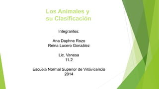 Integrantes:
Ana Daphne Rozo
Reina Lucero González
Lic. Vanesa
11-2
Escuela Normal Superior de Villavicencio
2014
Los Animales y
su Clasificación
 